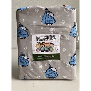 Peanuts Snoopy Puffy Coat TWIN SIZE Sheet Set Christmas Puffer Jacket Gray Blue
